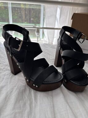 Route 66 Black Strappy Platform Sandals with Wooden Block Heel - Women